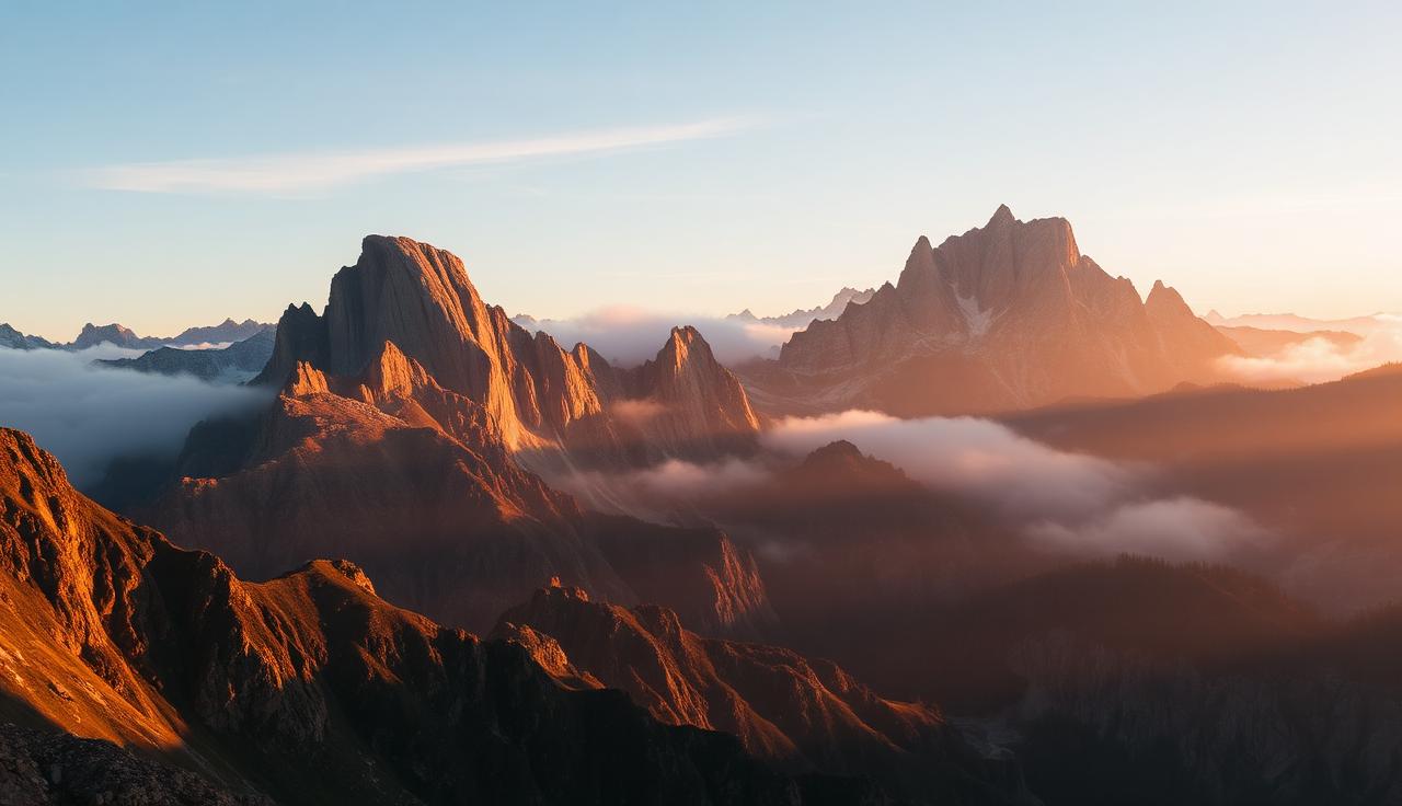 Misty mountain peaks at golden hour