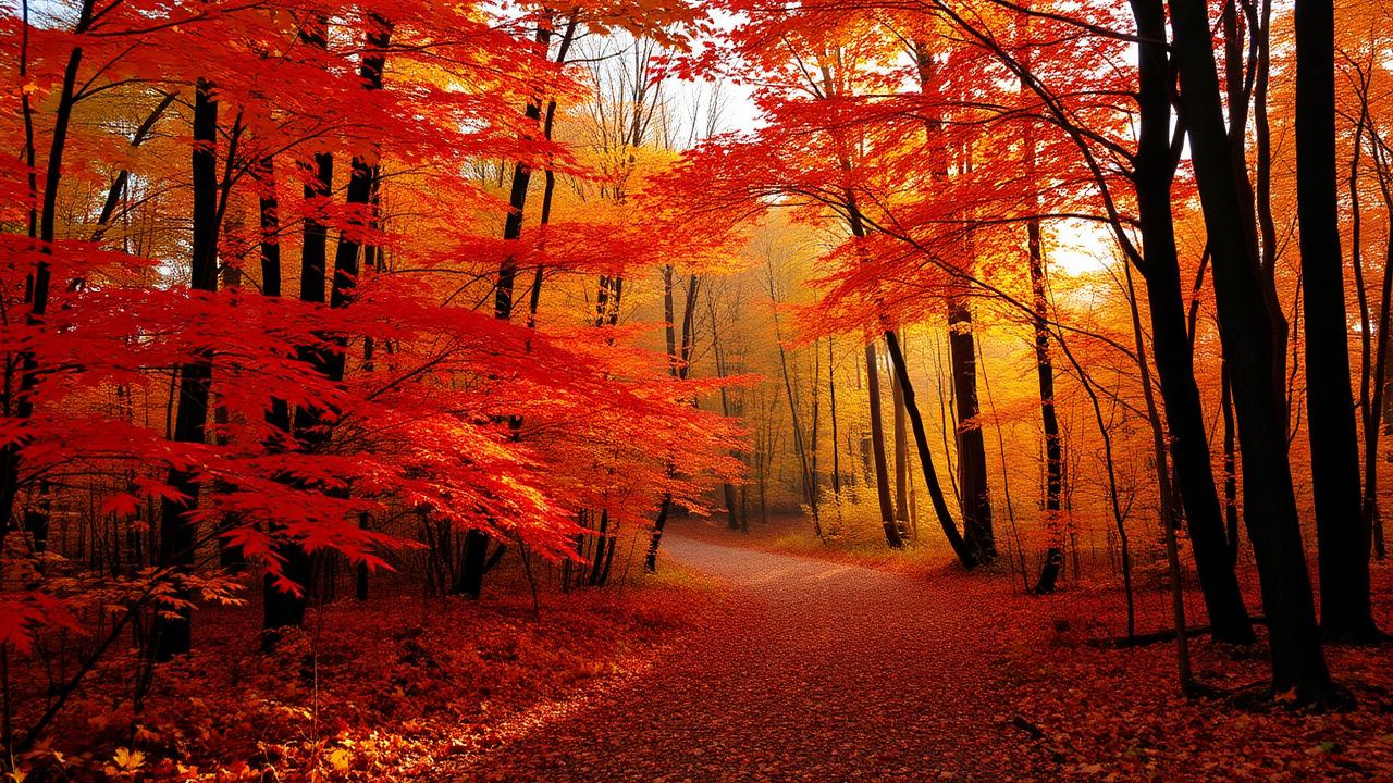 Autumn forest path with fiery red and orange leaves