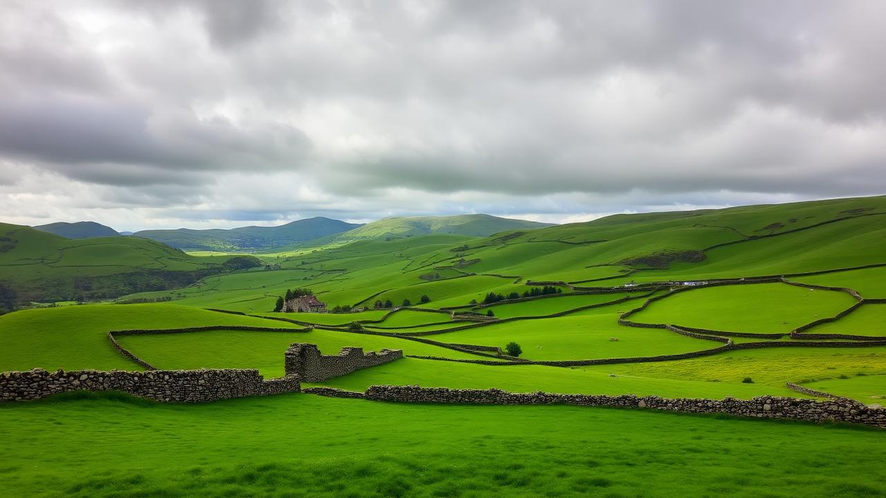 Rolling green Irish hills under dramatic clouds