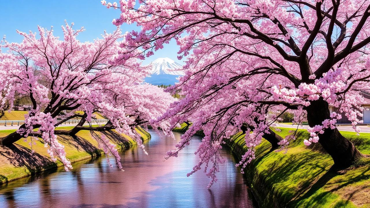 Cherry blossoms over a river with Mount Fuji