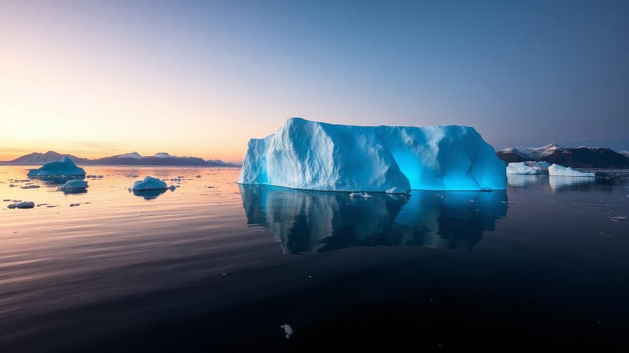Glowing iceberg in calm arctic sea at twilight