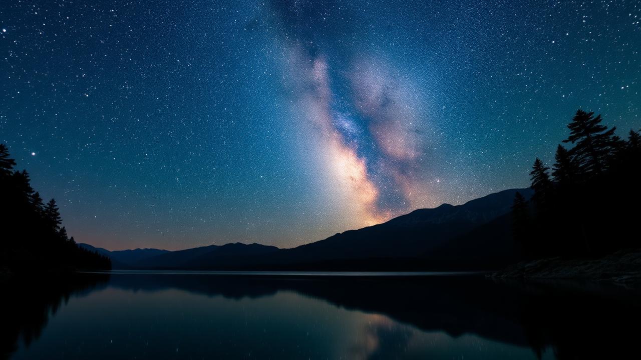Milky Way over a still mountain lake at night