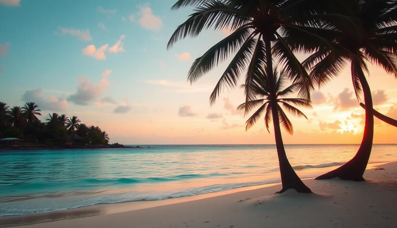 Tropical beach at sunset with palm trees