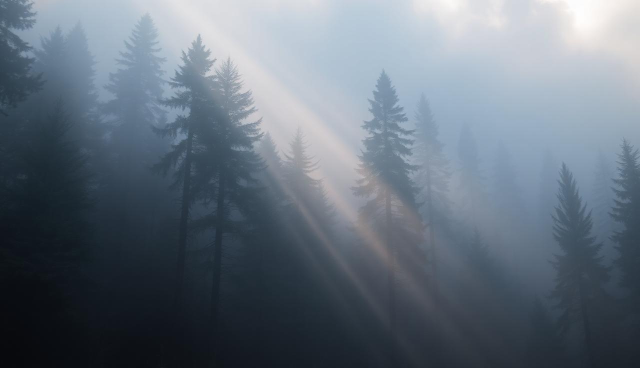 Sunbeams through a misty pine forest