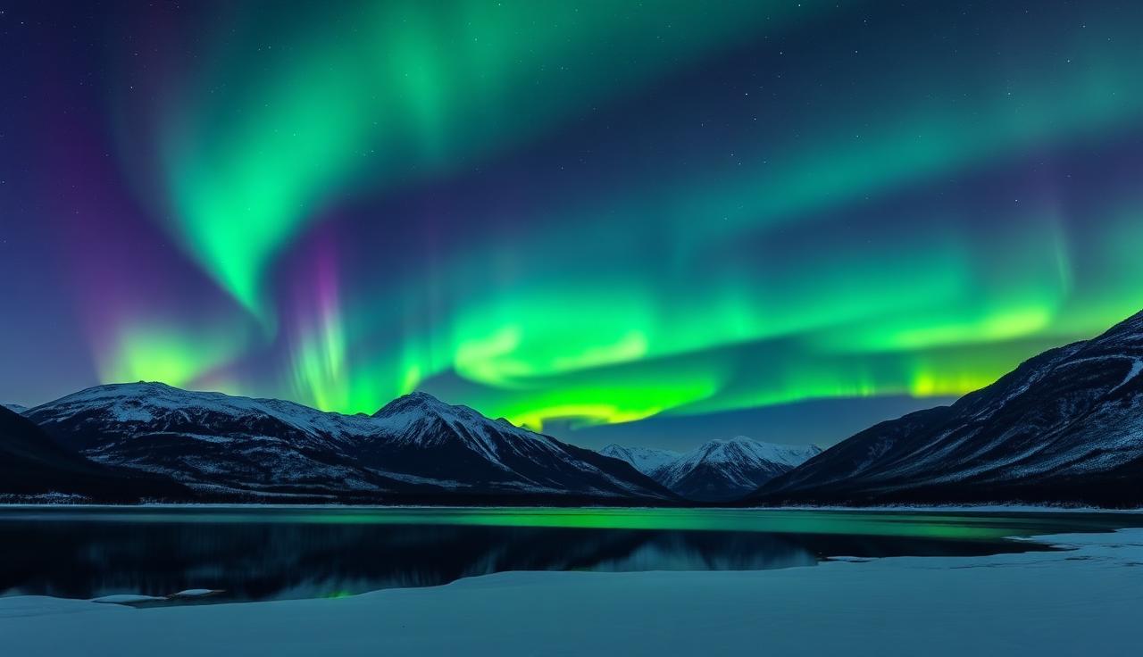 Aurora borealis over snowy mountains