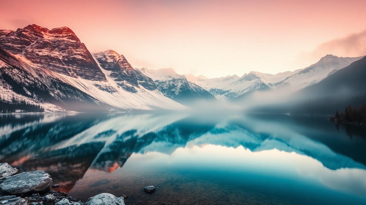 Alpine lake reflecting snow-capped mountains at dawn