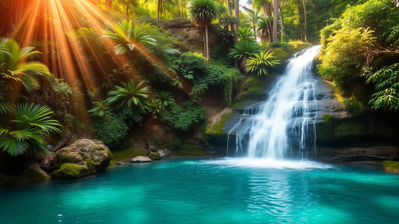 Tropical waterfall into a turquoise rainforest pool