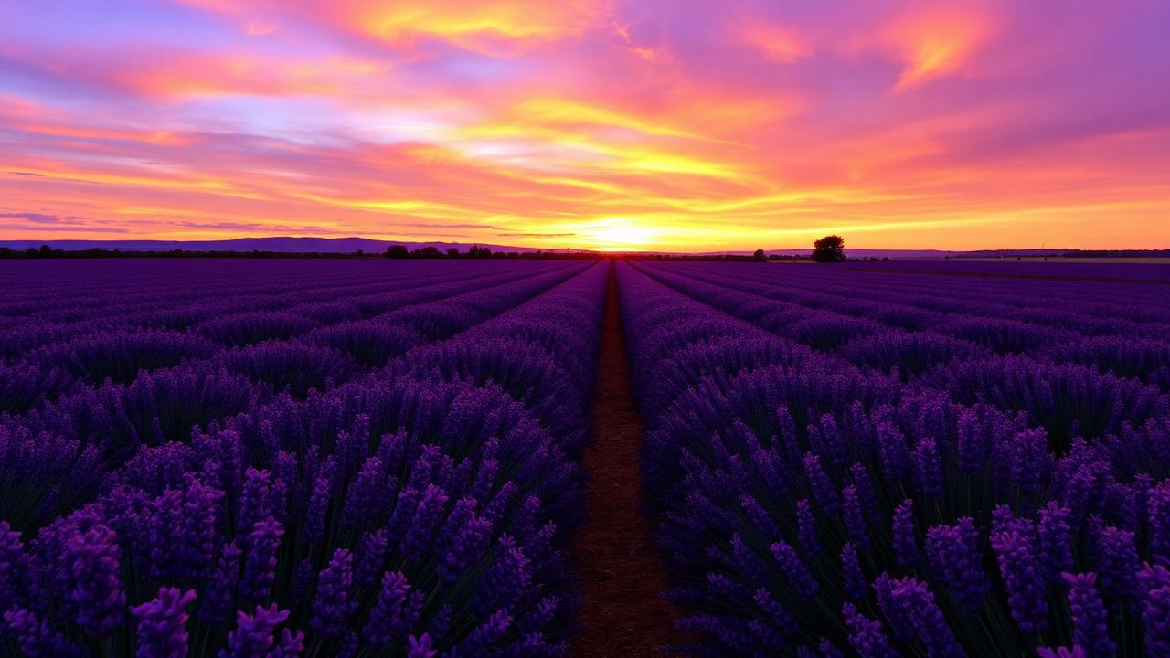 Lavender fields under a purple and orange sunset