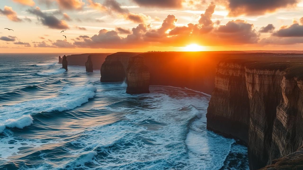 Ocean cliffs with crashing waves at golden hour
